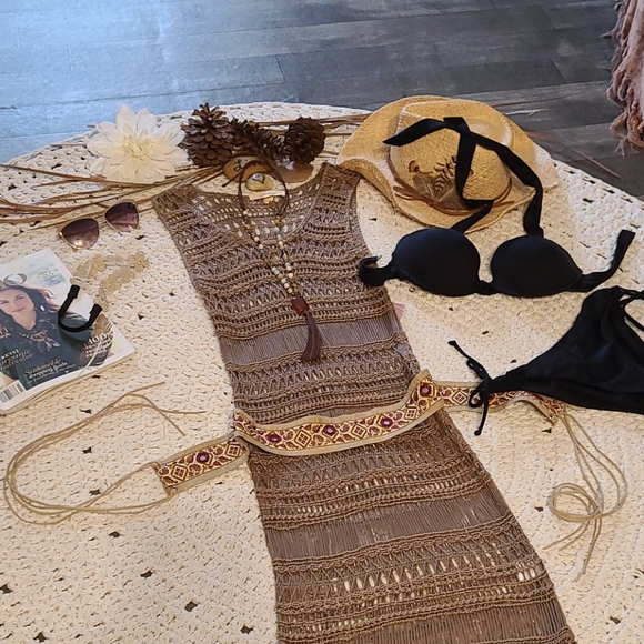 NWT BO HO CROCHET BEIGE UNIQUE LONG DRESS COVERUP - Picture 9 of 16
